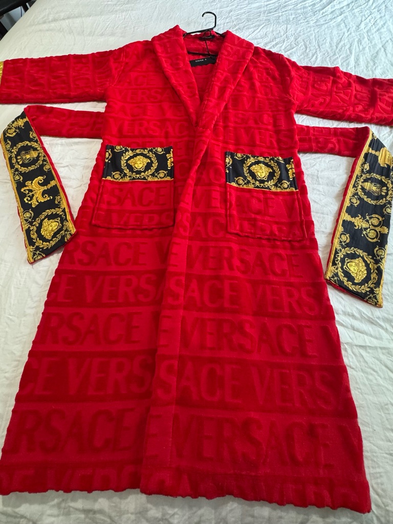 Versace Red Baroque Trim Bathrobe